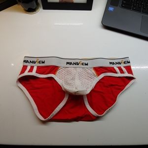 Hott! Mens MANVIEW Red White Mesh pouch briefs